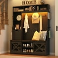 thumbnail image 3 of ChVans 75''H LED Farmhouse Hall Tree with Bench and Shoe Storage, Black Hall Tree with Storage Bench, 16 Shoe Cabinet, Umbrella Holder&Sock Storage Drawer, Mudroom, Hallway, Entryway Furniture, 3 of 8