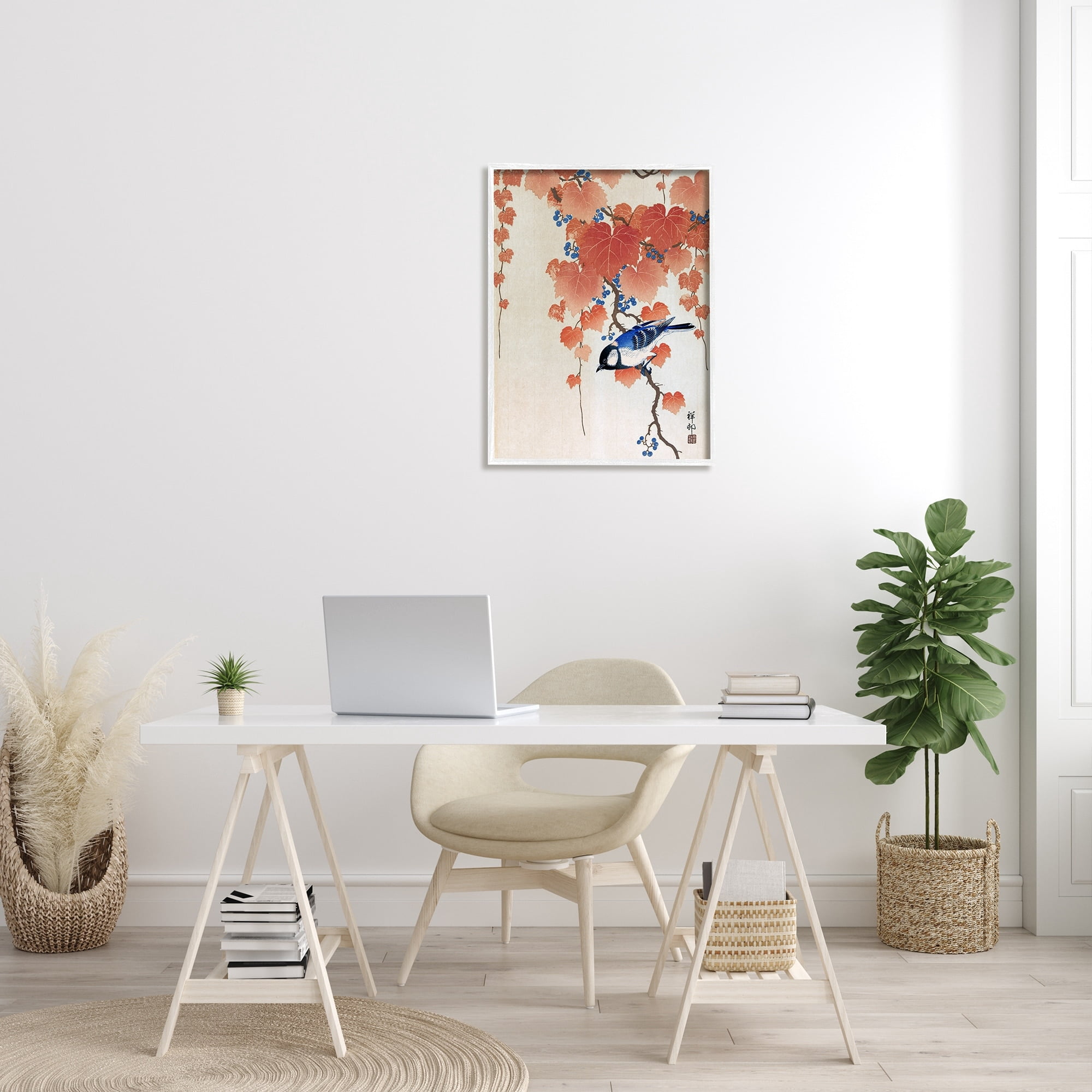 Stupell Industries Koolmees op Paulownia Tak Ohara Koson Classic Bird Painting Painting White Framed Art Print Wall Art, Design by one1000paintings
