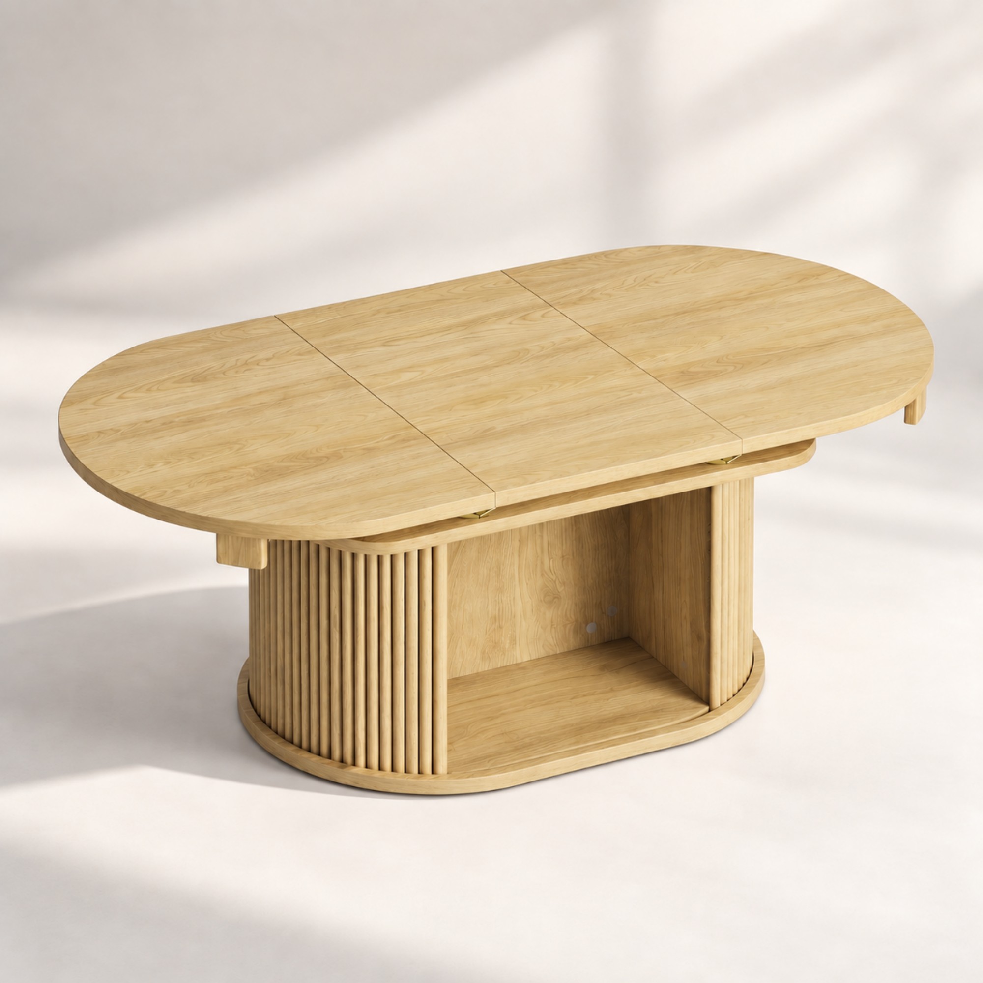 Lacoo Extendable Oval Coffee Table with Storage, Fluted Base with Cubby for Living Room, Den, Beige