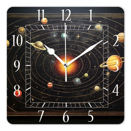14 Inch Wall Clock Battery Operated Square Clock Decorative for Office, Kitchen, Outdoor, Living Room，Galaxy Solar System Planets Picture
