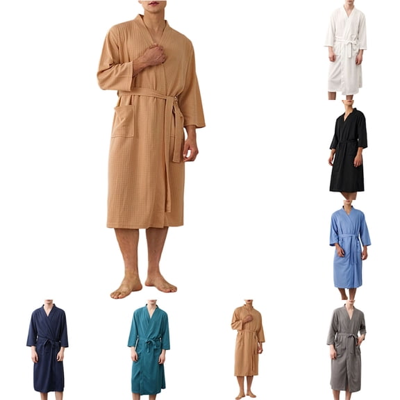 Hrsba Robe for Men,Solid Color V Neck 3/4 Sleeve Sleep Robe With Belt and Pockets Fall Bathrobe
