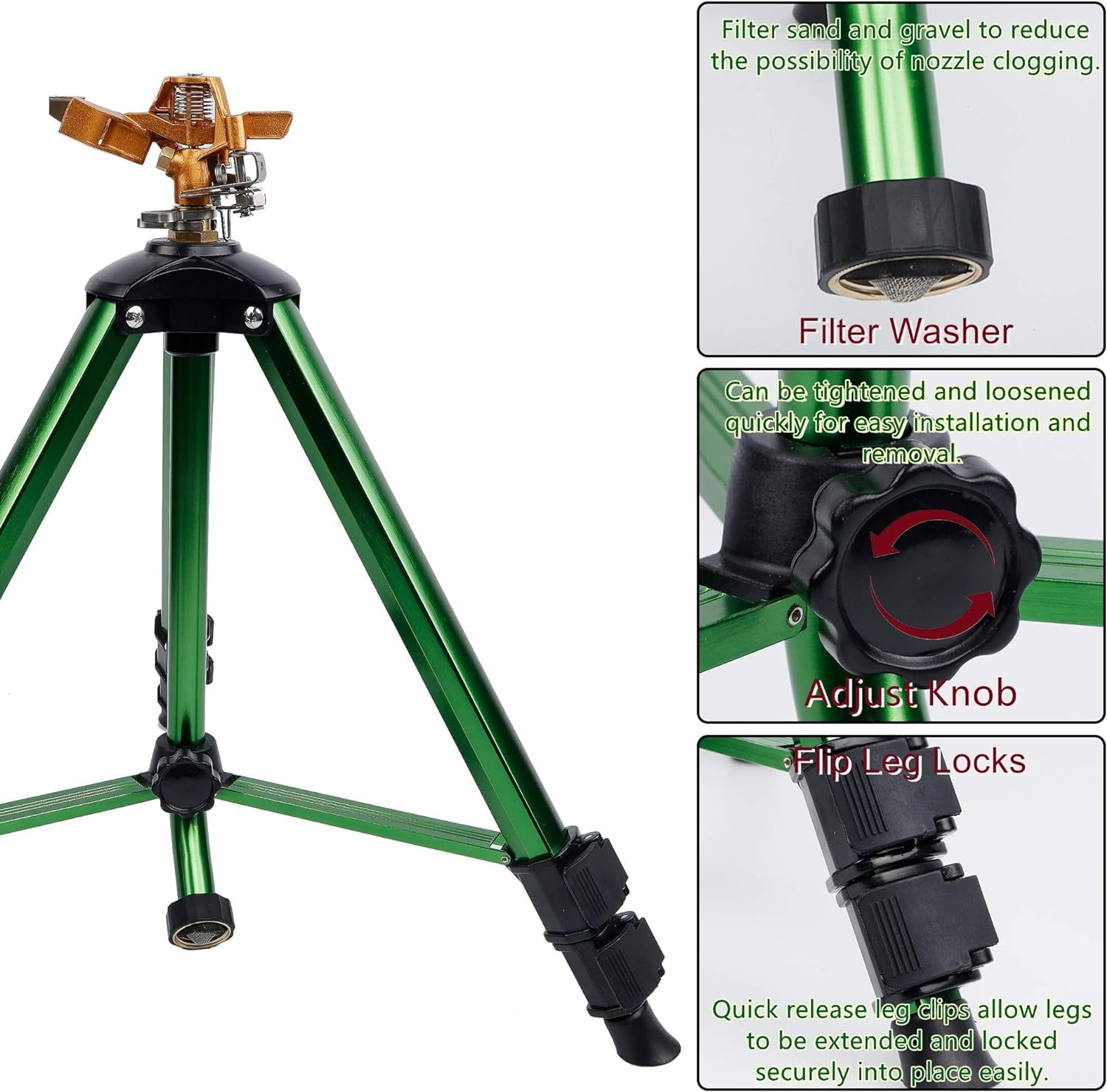 Impact Sprinkler on Tripod Base, Tripod Sprinkler with 300 Degree Coverage, Heavy Duty Water Sprinkler for Lawn/Yard/Garden, 2 Pack