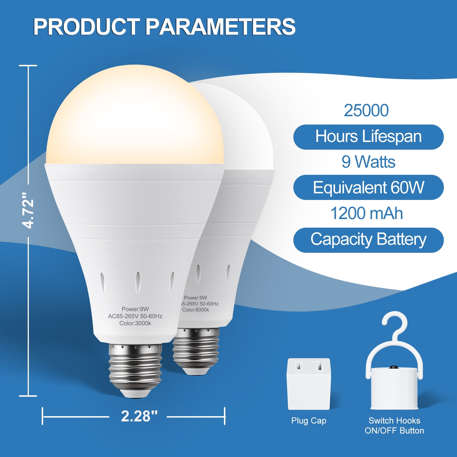 Emergency Rechargeable Light Bulb for Power Outages, 9W Warm White 3000K Self-charging Light Bulb 1200mAh Battery Backup Light Bulbs for Daily,Home Emergency,Outdoor Portable Use