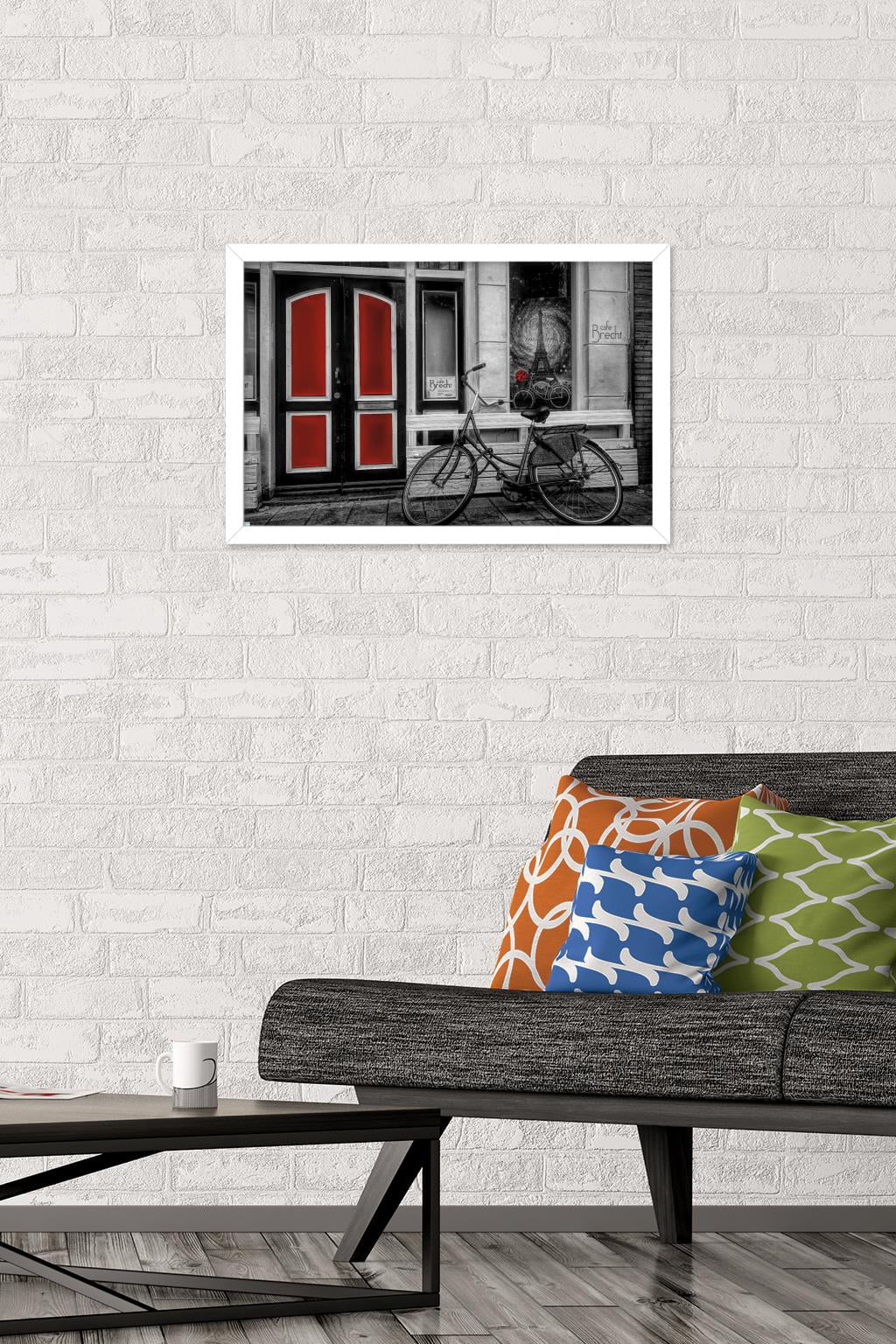 City Bike in Black and White Color Selected Red Wall Poster, 14.725" x 22.375" Framed