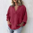 thumbnail image 4 of Womens V Neck Shirts Linen Cotton Long Sleeve Blouse Tunic Tops Cover Up Shirt Loose Beach Bikini Dress Wine 3XL, 4 of 6