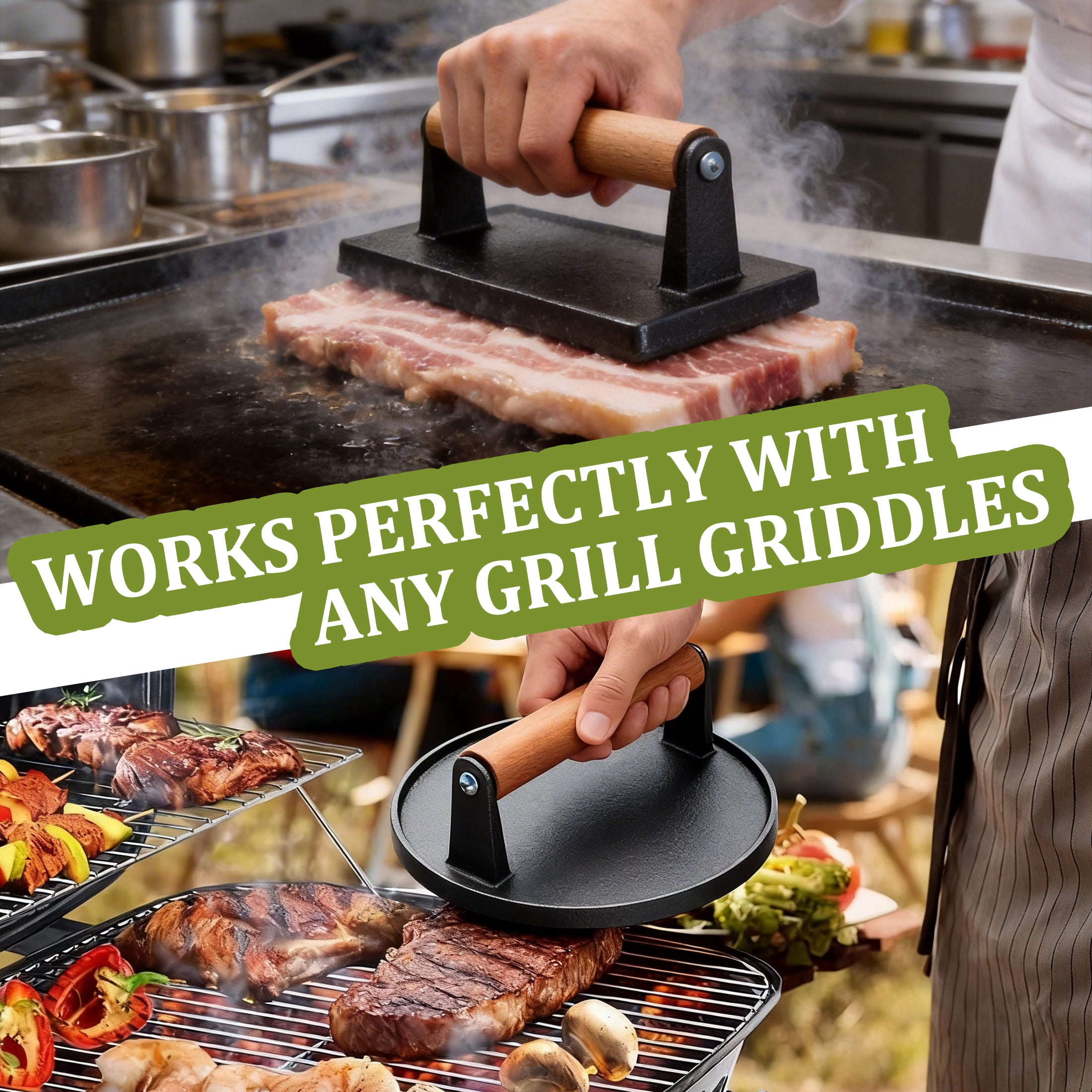 Burger Press Set, 7" Round Smash Burger Press & 8"x4" Rectangle Cast Iron Grill Press with Wooden Handle, Meat Weight Press for Griddle, Sandwiches, Panini, Nonstick Pan