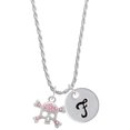 thumbnail image 1 of Delight Jewelry Silvertone Skull and Crossbones with Pink Crystals Silvertone Script Initial Disc - F - Charm Necklace, 20"+3", 1 of 4