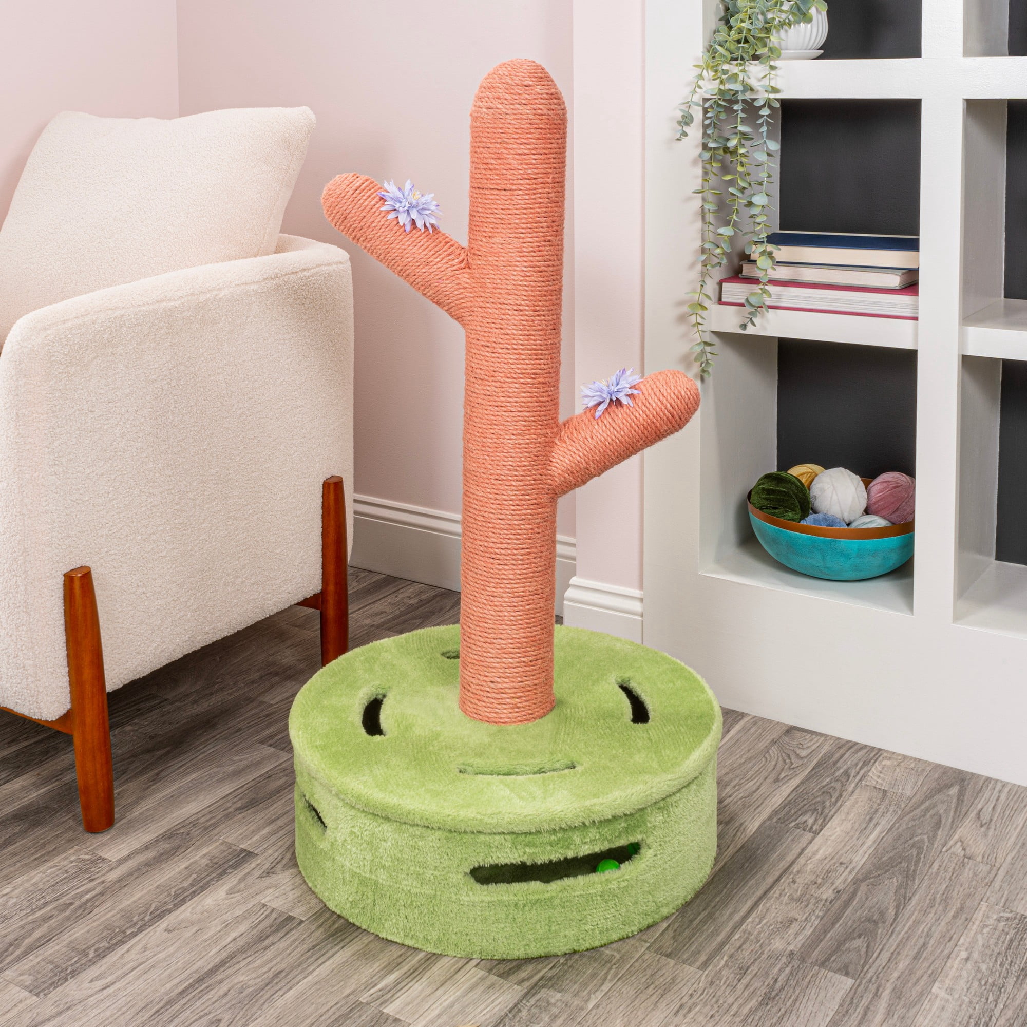 THE LICKER STORE Rosa 36" Modern Jute Cactus Cat Scratching Post with Flower Toys and Built-In Bell Toys, Pink/Green, CTR1004A