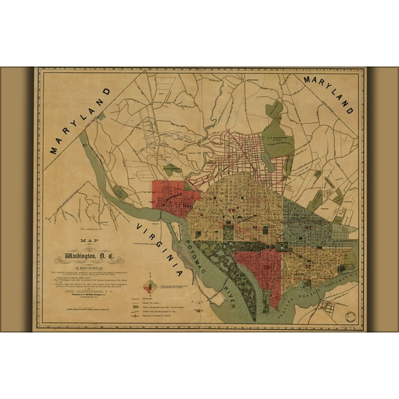 24"x36" Gallery Poster, Map of Washington, D.C., and environs 1887