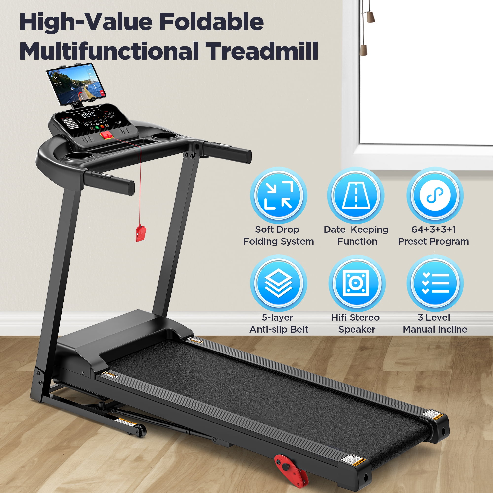 Portable Folding Treadmill, 3.5 HP Foldable Compact Treadmill for Home Office, Walking Running Treadmill with LCD Display for Exercise, 300 lbs Treadmill with Incline, 71 Programs