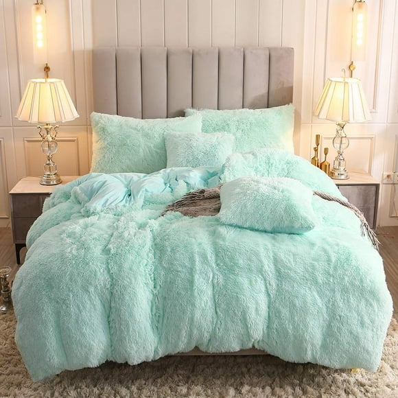 Uhamho Faux Fur Velvet Fluffy Bedding Duvet Cover Set Down Comforter Quilt Cover with Pillow Shams, Ultra Soft Warm (Queen, Aqua)