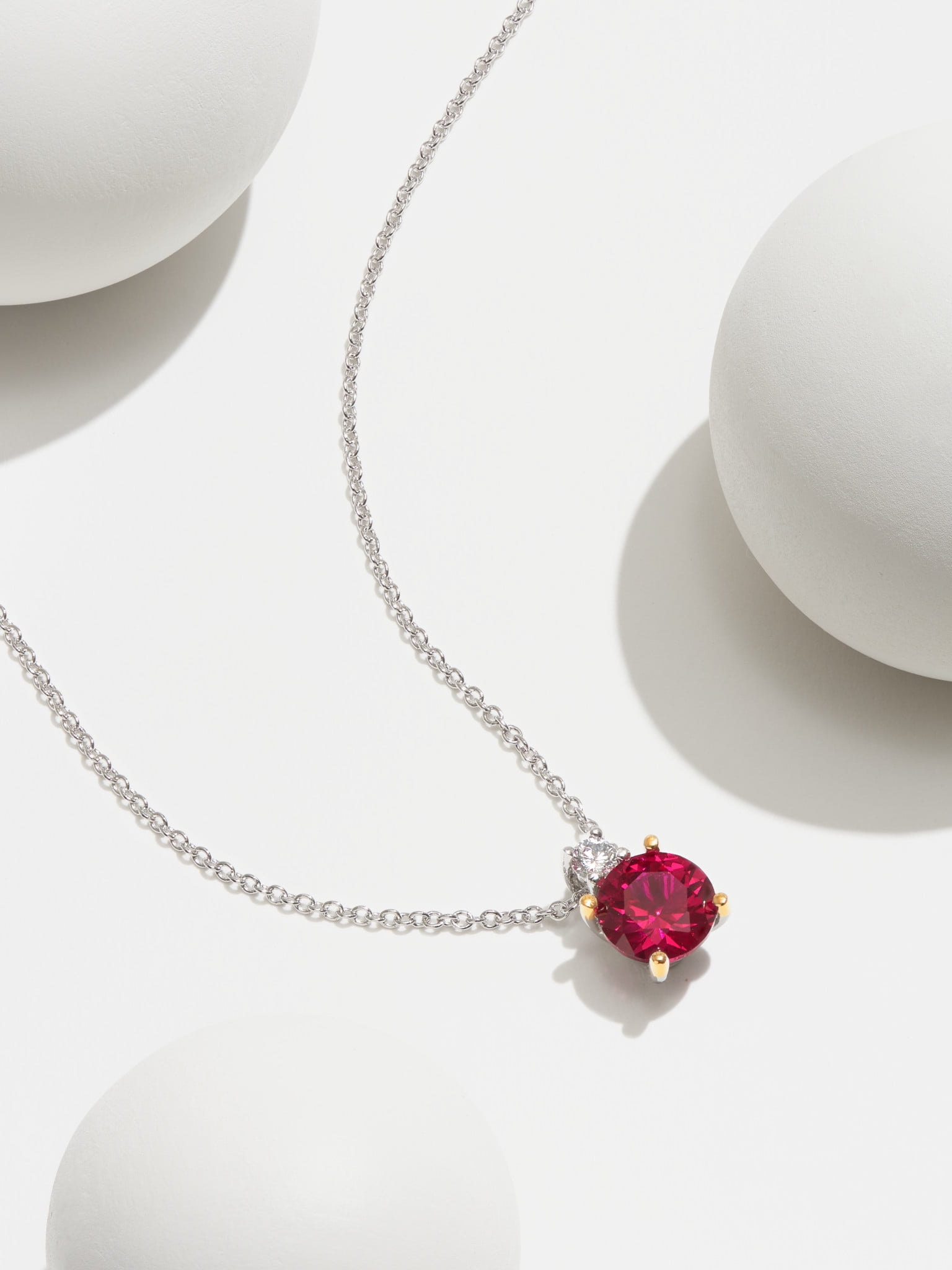 Forever Facets Jewelry Platinum Over Sterling Silver Created Ruby and Lab Grown Diamond Accent Two Stone Necklace, 18 Inch Fine Cable Chain with 2 Inch Extender (H-I Color, I1 Clarity)