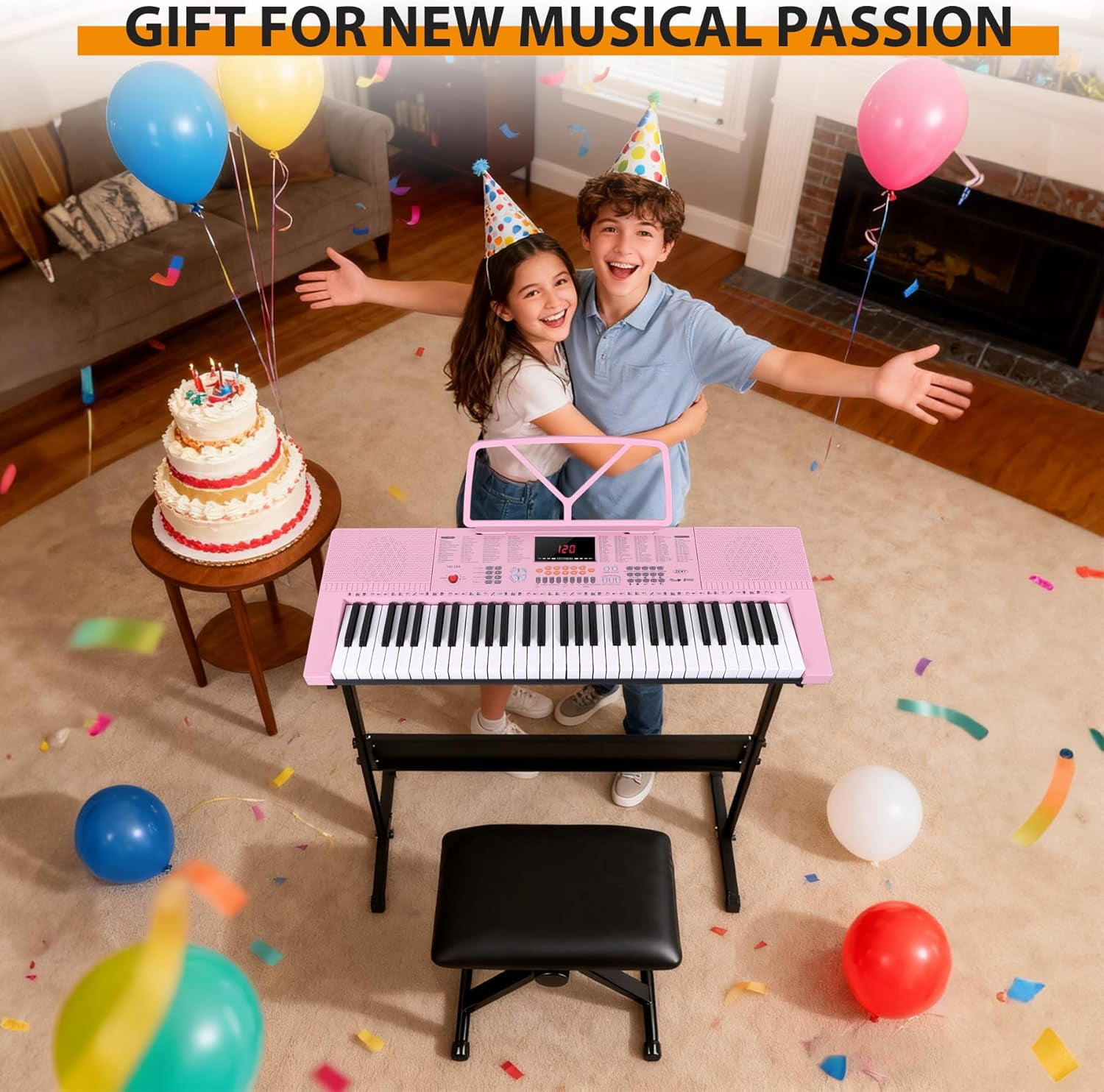 HarmonyStrings 61-Key Portable Electric Keyboard Piano with Built In Speakers, LED Screen, Headphones, Microphone, Piano Stand, Music Sheet Stand and Stool Pink
