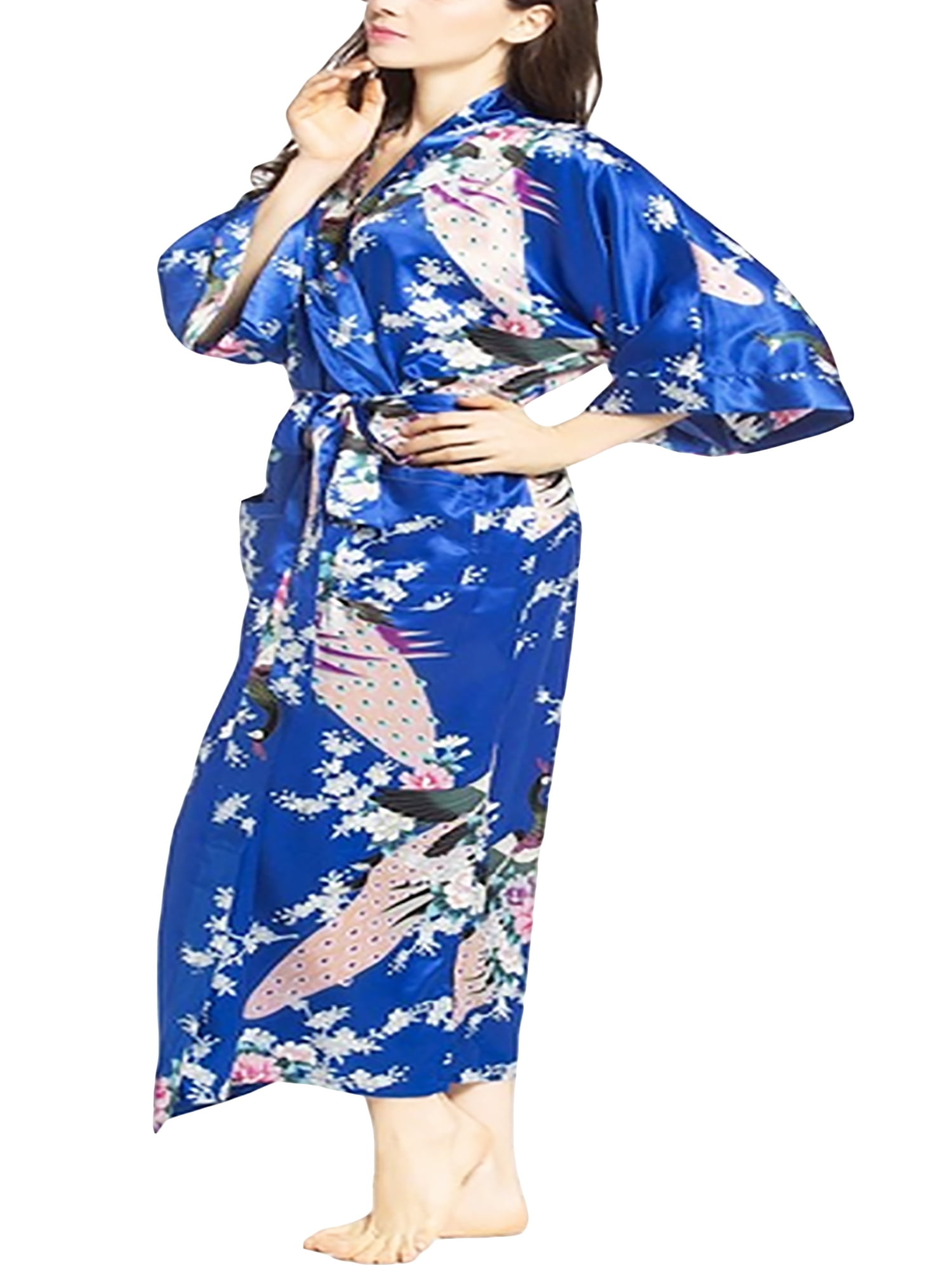 S M L XL 2XL 3XL Navy Blue Women's Silk Long Style Robe Gown Bathrobe Kimono Sz 