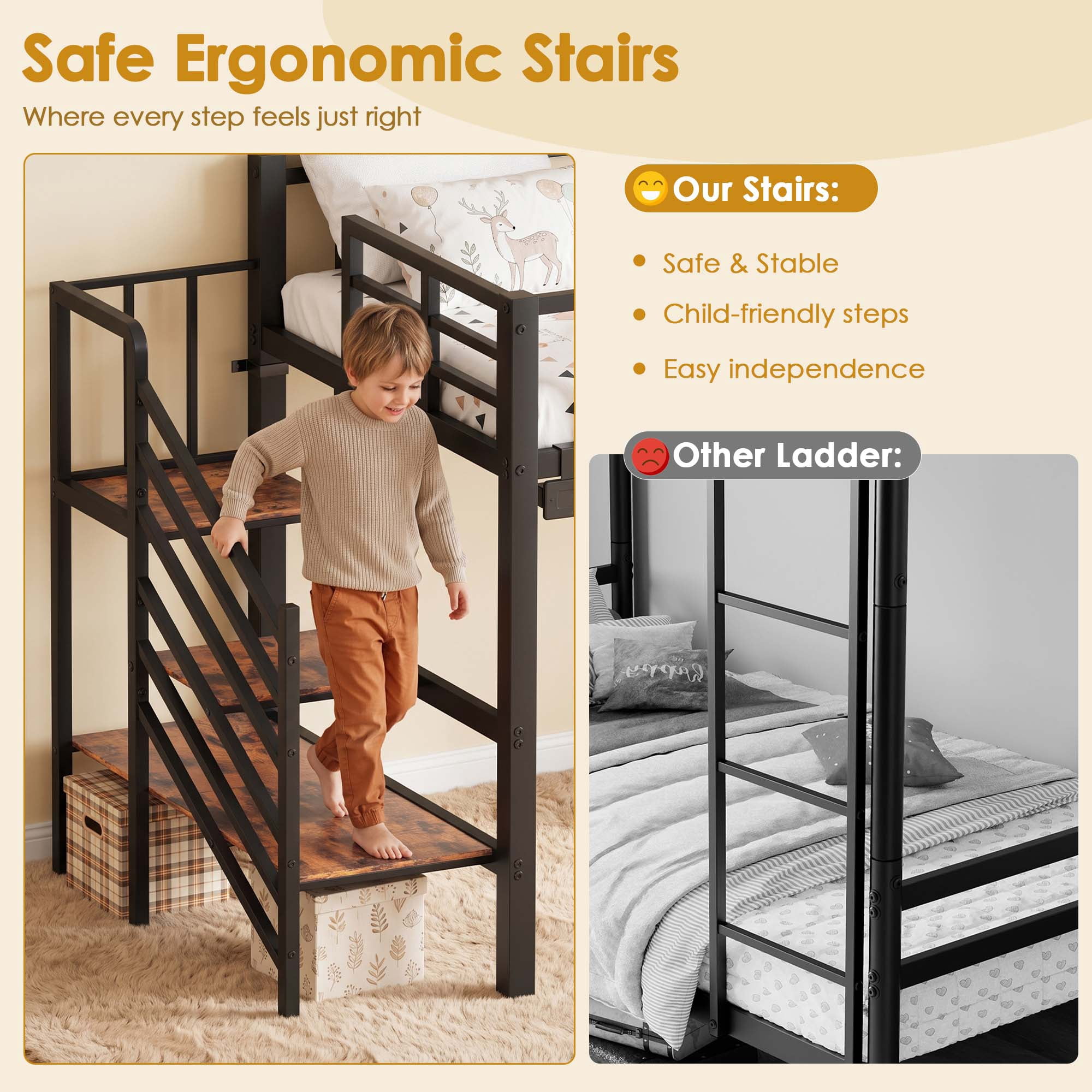 Miniyam Twin Size Metal Low Loft Bed with Storage Stairs and Blackboard,USB Charging, Black