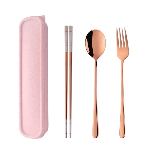 Portable Travel Flatware 3PCS Spoon Fork Chopsticks Set 18/10 Stainless Steel with Case and Bag for School Work Office lunch (Rose Gold)