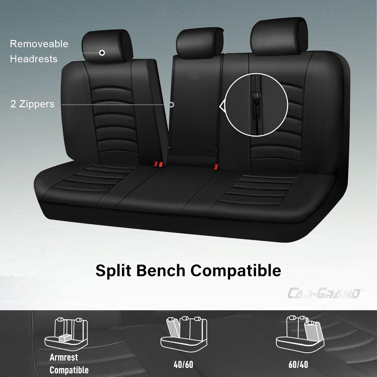 CAR GRAND PU Leather Car Seat Covers, Universal Fit Rear Bench covers for Trucks SUV Sedan Automotive Seat Protectors Armrest Waterproof 3D Foam Comfortable Faux Nappa Leather Black