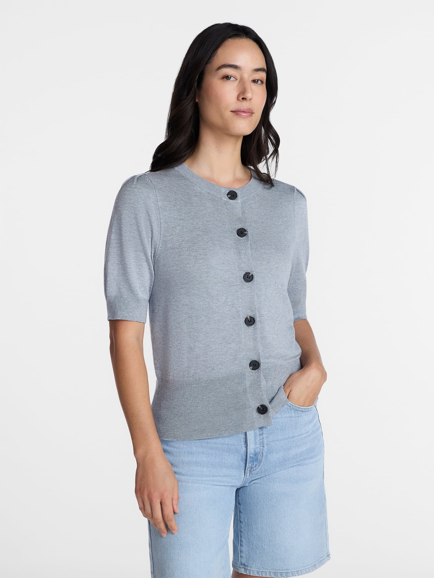 Time and Tru Woman's Crew Cardigan with Short Sleeves, Sizes XS-XXXL