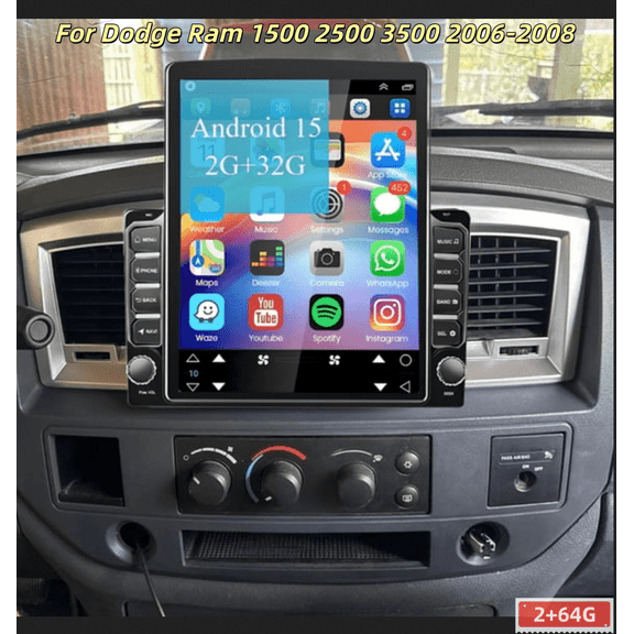 2 64G 9.7in Double Din Car Stereo Radio for Dodge Ram 1500 2500 3500 2006-2008 - with Carplay and Android Auto GPS Navigation, Backup Camera, Bluetooth, WiFi, FM/RDS SWC Mirror Link
