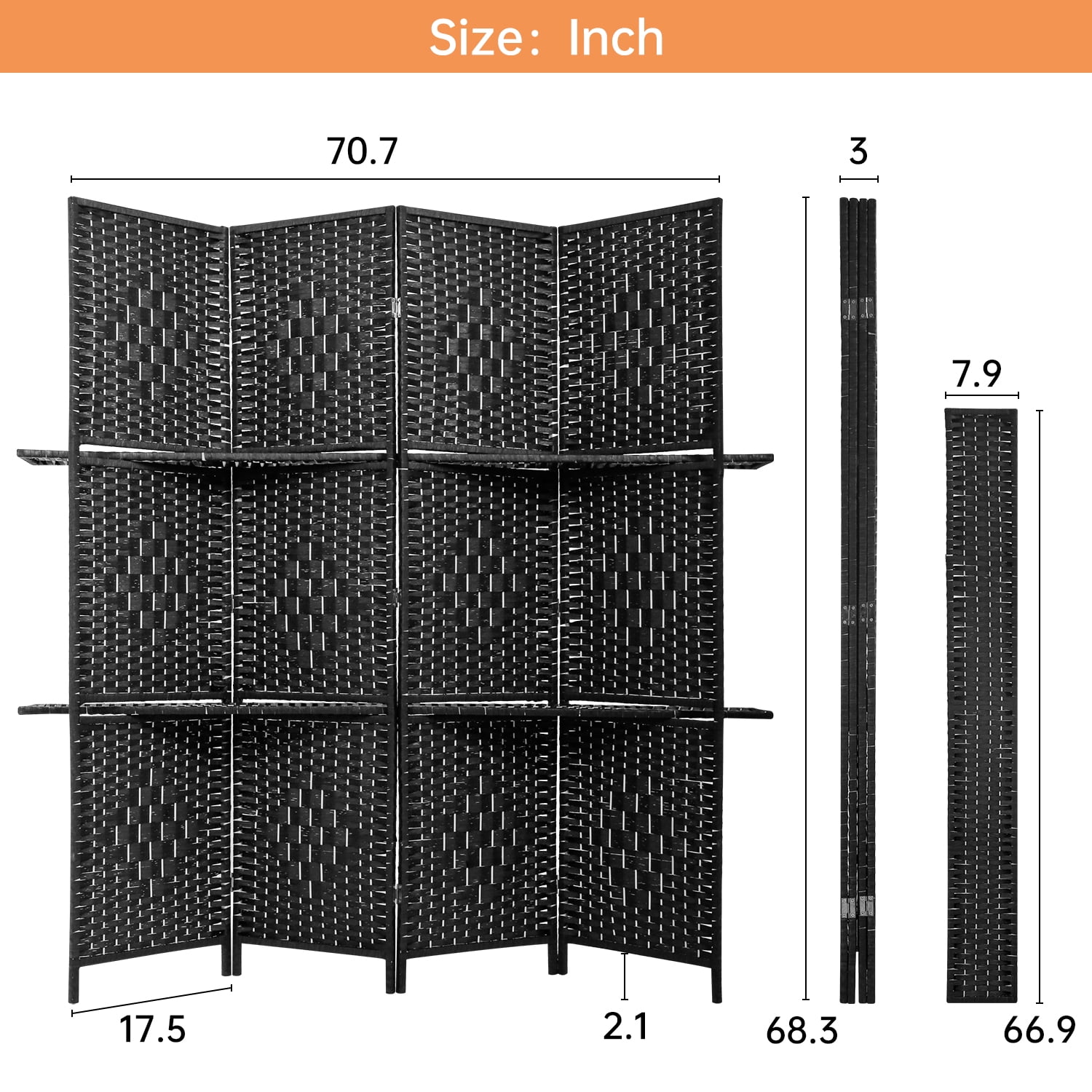 YRLLENSDAN 4 Panel Room Divider Wall, Room Partitions and Dividers Freestanding Portable Wall Room Partition Folding Room Divider with Removable Storage Shelves, Black