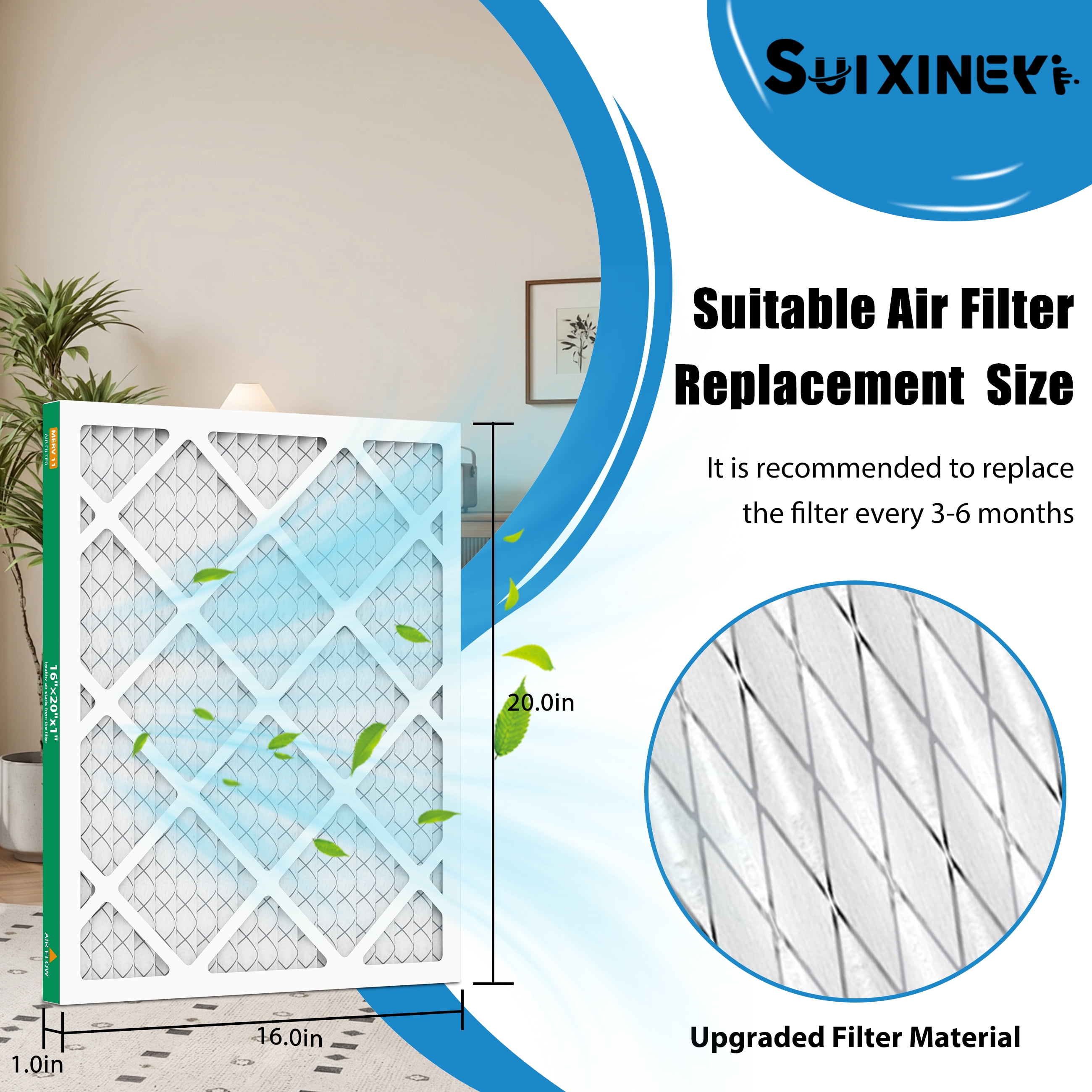 SUIXINEYI 16x20x1 HVAC Furnace MERV 11 Air Cleaning Filter Pleated Air Filters,4 Packs