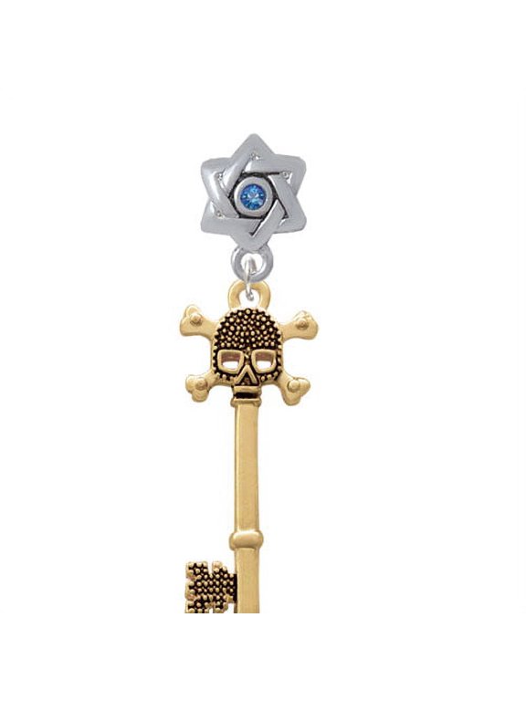 Antiqued Gold Tone Beaded Skull Key - Star of David with Blue Crystal Charm Bead