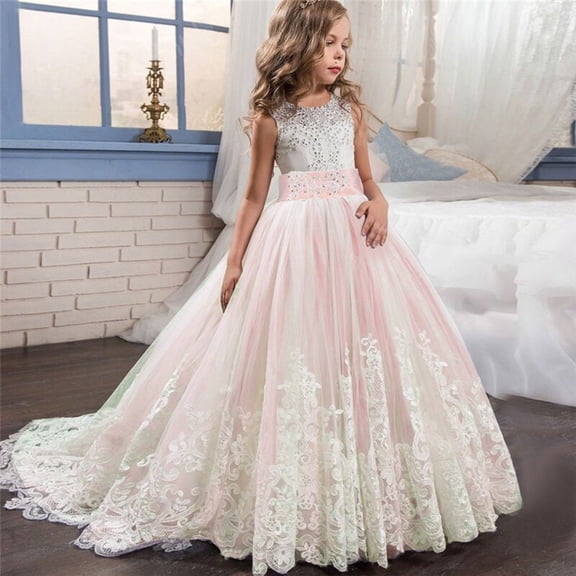 AWZXDE Girls Dresses Party Dress Tutu Lace Bridesmaid Gown Pageant Wedding For Girls 5T-13T Long Dresses Pink,4-5 Years