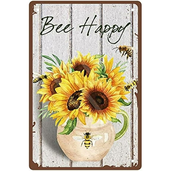 1PC Bee Happy Metal Tin Sign Sunflower Flower Vase Wall Decor Art Poster Vintage Iron Painting