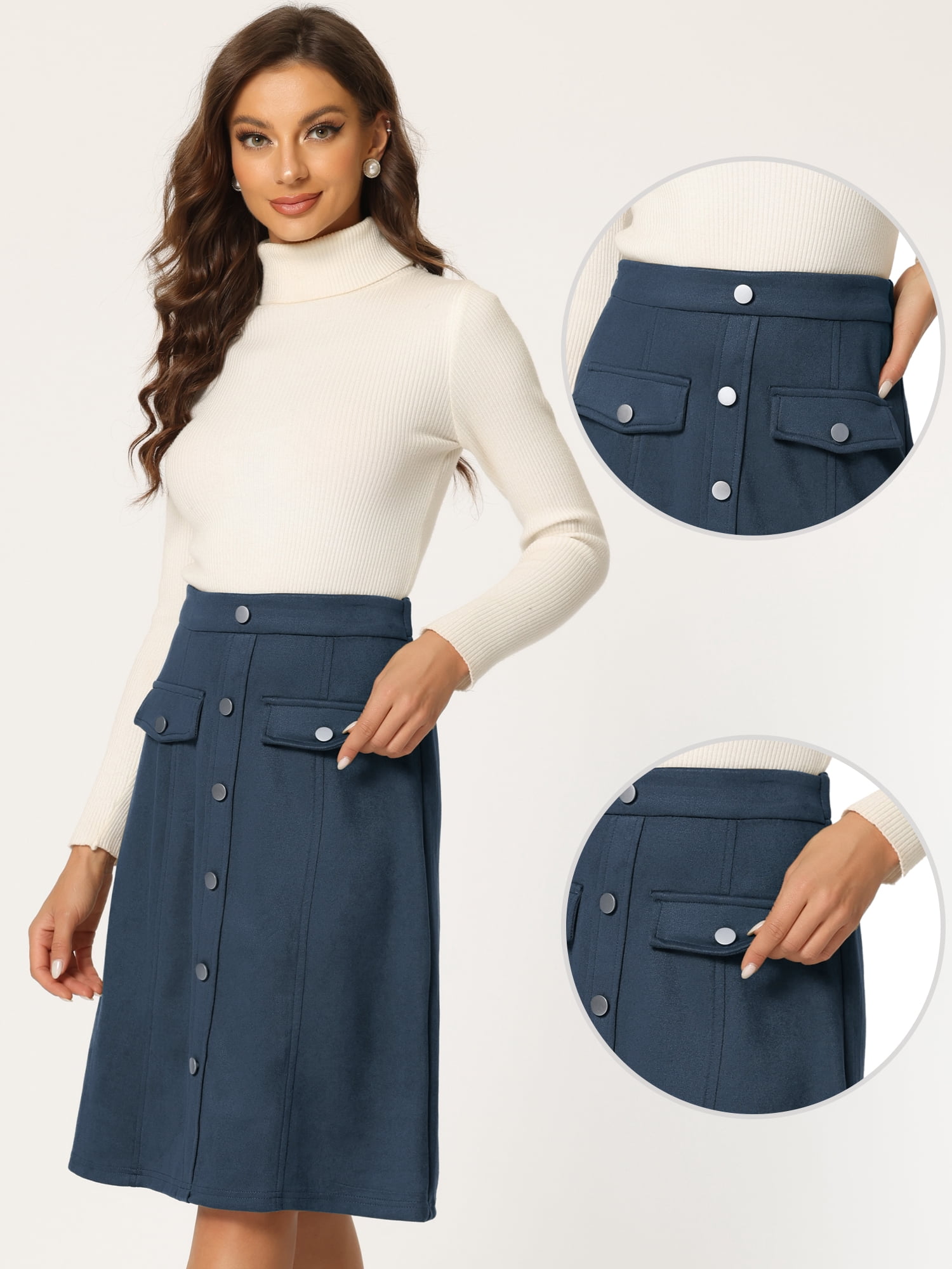 Unique Bargains Women's Suede Button Front Pockets Decor A-Line Skirts L Dark Blue