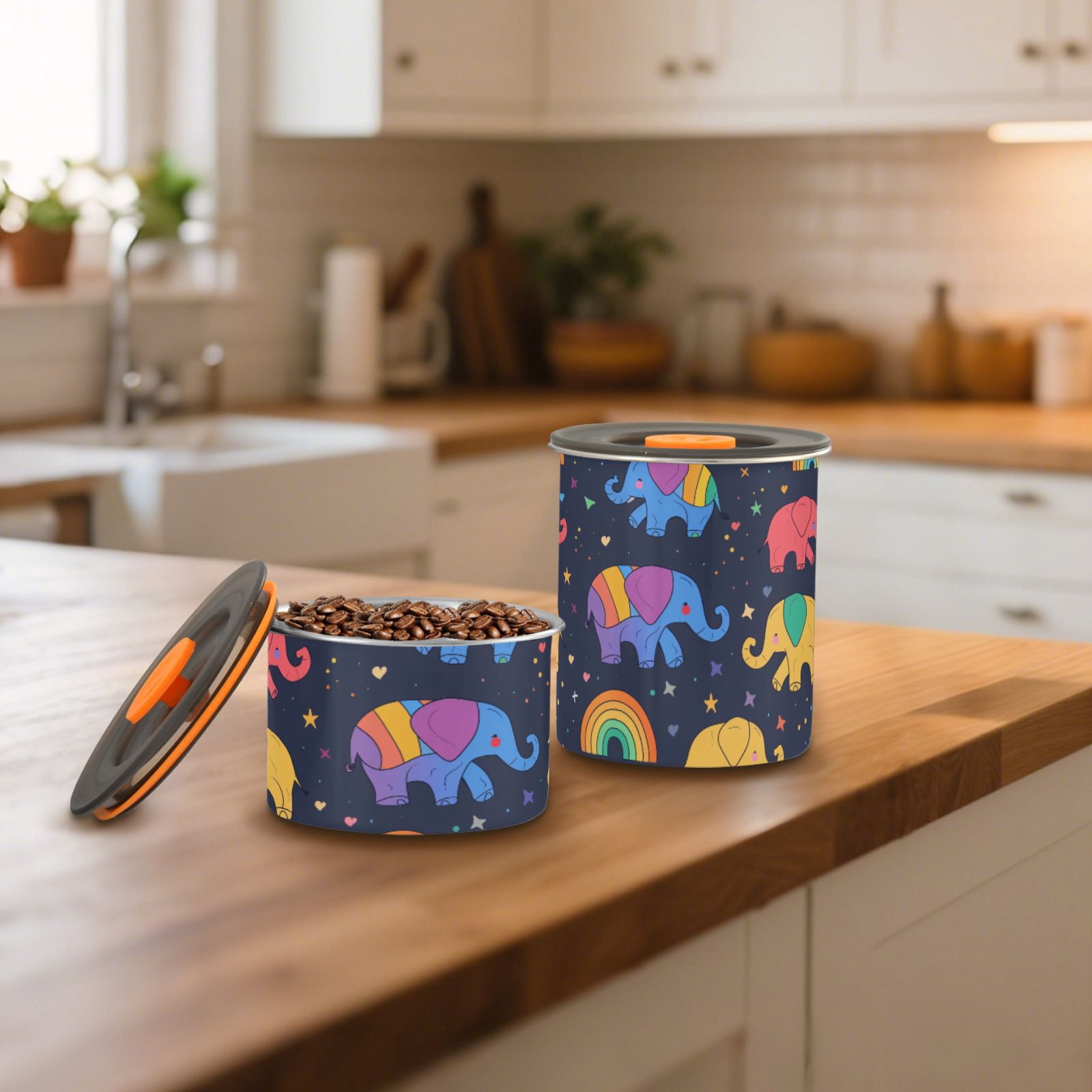 Elephant Cartoon Airtight Coffee Bean Canister 30oz Food Storage Containers with Lids For Gournd, Tea, Sugar, Flour, Rice, Cereal, Candy Cookie Jar