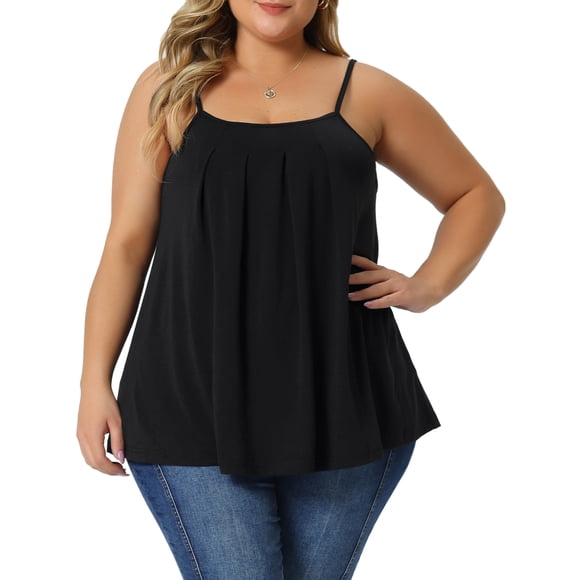 CURVY GLAM Camiseta sin mangas elegante básica con pliegues para mujeres de talla grande, tirantes ajustables, 3X, negra