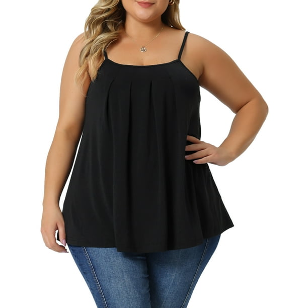 CURVY GLAM Camiseta sin mangas básica plisada elegante para mujeres de tallas grandes con tirantes ajustables 1X negra