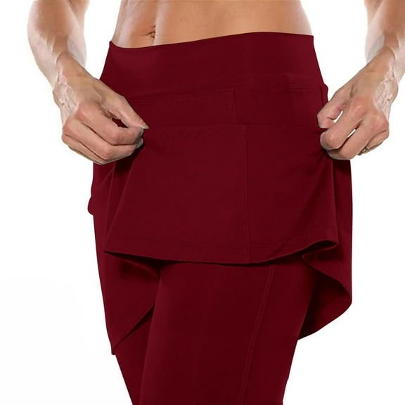 XIMIN Women's Straight Pants Womens Leggings with A Line Skirt High Waisted Full Length Yoga Pants for Workout Elastic Waist Trousers (Wine,L)