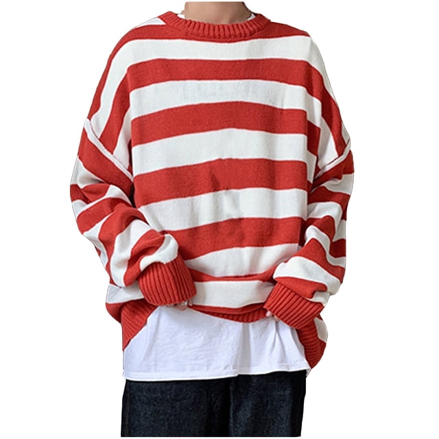 suéter a rayas de nueva tendencia con cuello redondo y manga larga suelto informal a la moda para mujer Suéter rojo y blanco de corte suelto, vista frontal centrada; cuello redondo acanalado, franjas horizontales anchas, mangas largas con puños acanalados y dobladillo recto; tejido de punto (poliéster) mostrado sobre camiseta blanca y pantalón oscuro en fondo neutro, adecuado para uso diario y estilo casual en primavera, verano u otoño, también apto para capas ligeras.