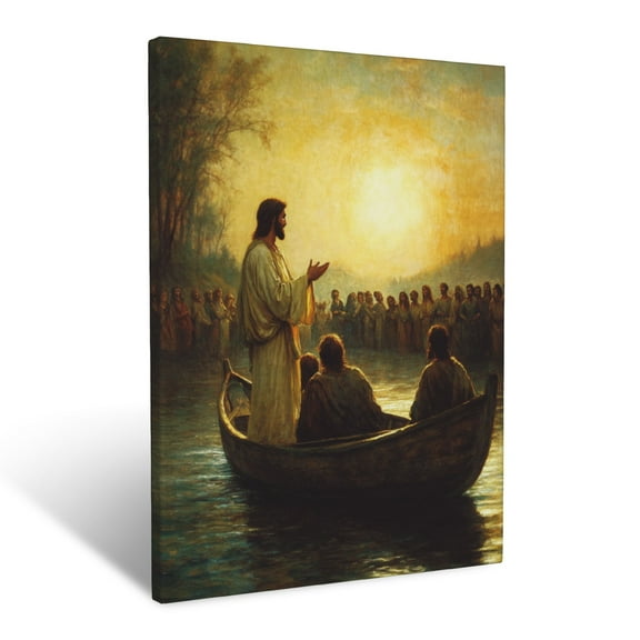 CozyNet Jesus Standing In A Boat, Teaching A Crowd On The Shore, Soft Light Illuminating The Scene Wall Art Prints With Frame Canvas Perfect for Living Room & Bedroom, Wall Decor 12"x16"