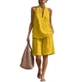 thumbnail image 2 of Qwertyu Linen Sets for Women 2 Piece Summer Outfits V Neck Halter Sleeveless Tops and Wide Leg Bermuda Shorts Cotton Linen Casual Two Piece Sets Yellow M, 2 of 7