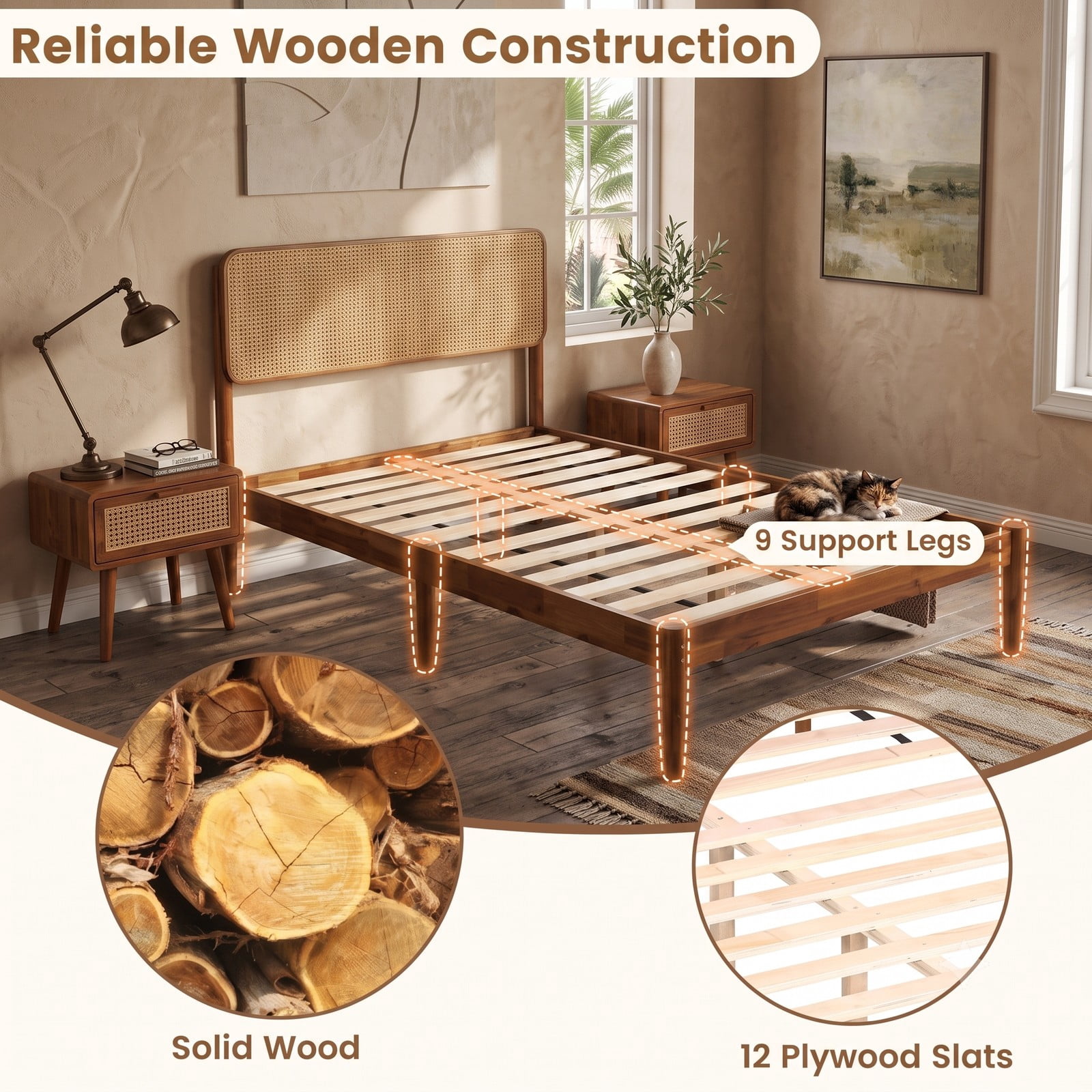 Furnibear Twin Bed Frame with Storage, Boho Rattan Wood Platform Bed with Acacia Wood Slat Support and Woven Headboard, No Box Spring Needed, Brown