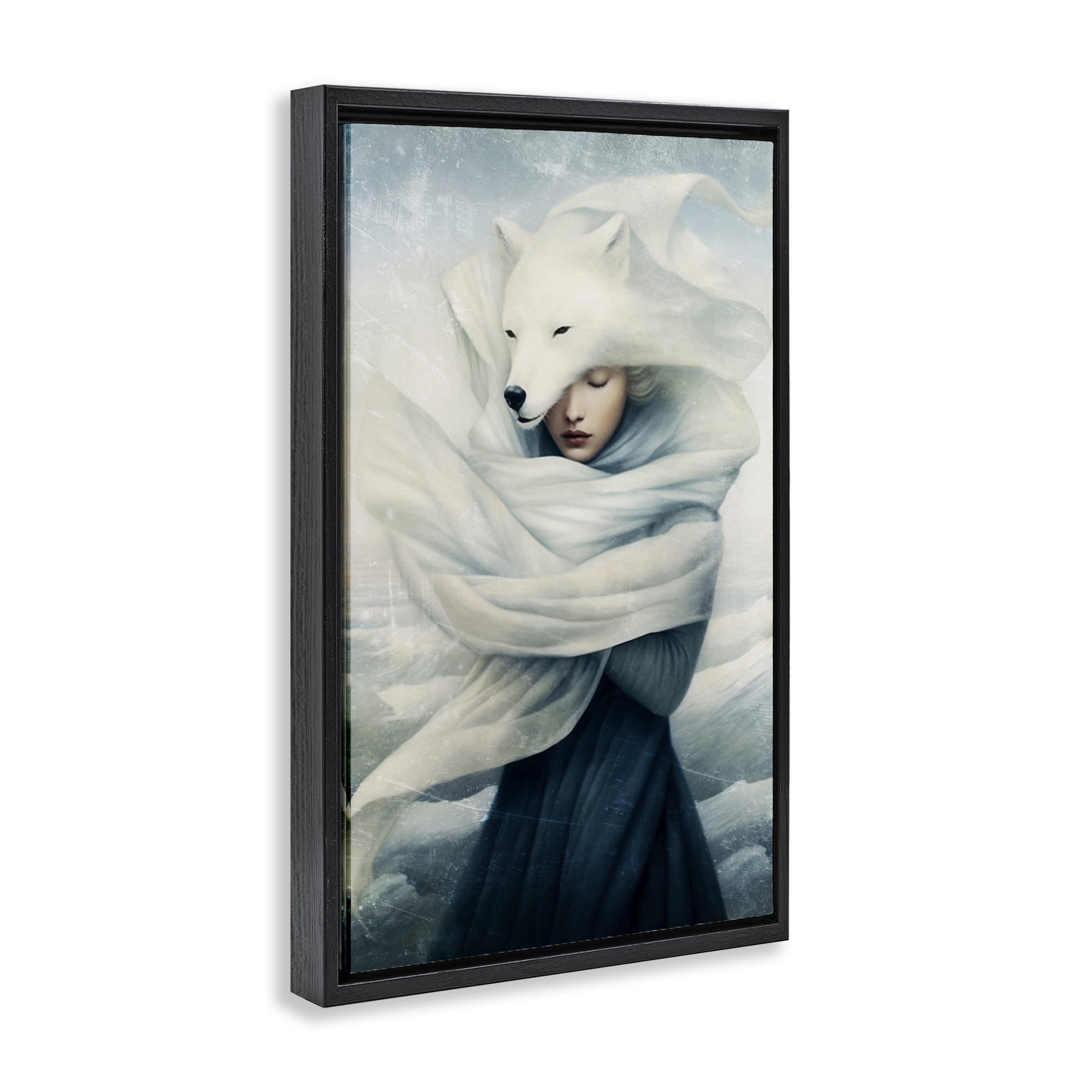 Stupell Industries Wolf Swathed Woman People Painting Black Floater Framed Canvas Art Print Wall Art, 21 x 31