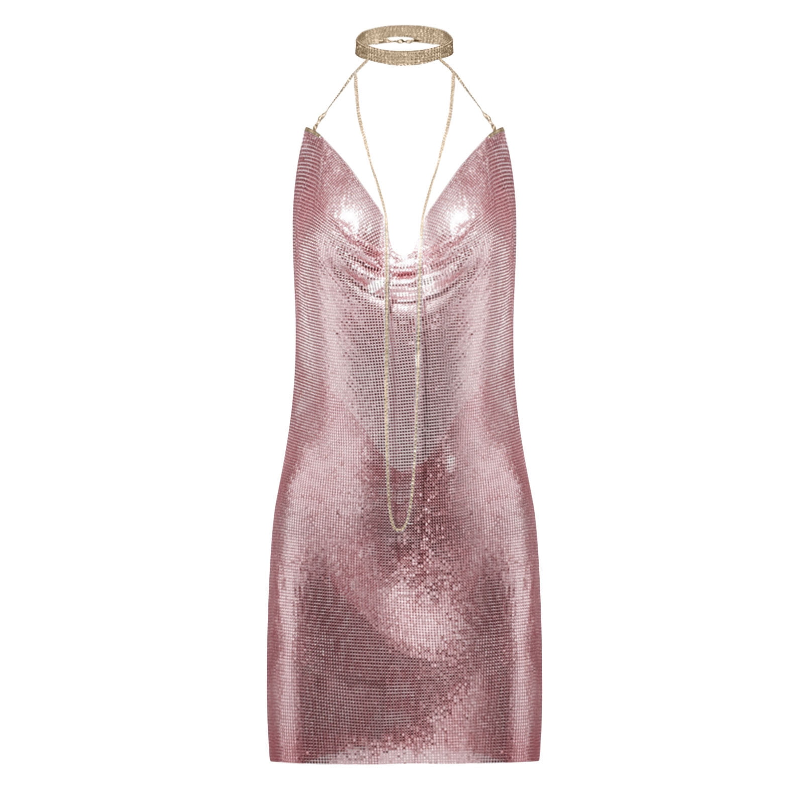 Women Sexy Halter Mini Dress Y2K Low Cut Mini Dress Sleeveless Cowl Neck  Spaghetti Strap See Through Metal Chain Halter Sequin Glitter Sparkle Dance  Costume Festival Club Cover Up Ladies - Walmart.com