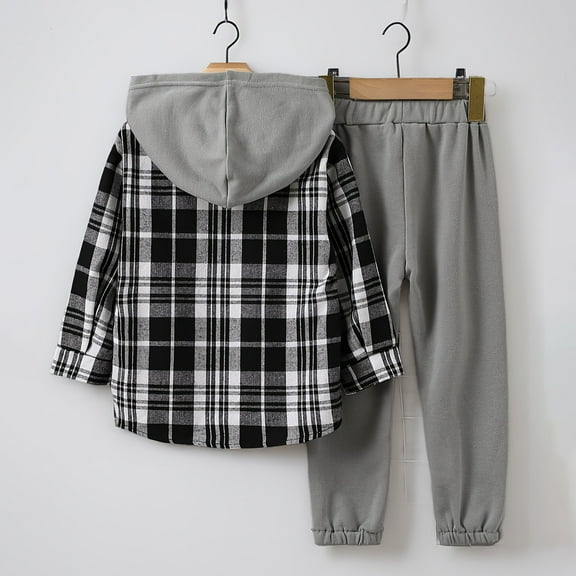 Girls Two Piece Outfits Size 6-7 Kids Toddler Boy Clothes Plaid Hooded Shirt White Top and Solid Color Pants 2Pcs Winter Boys Outfits