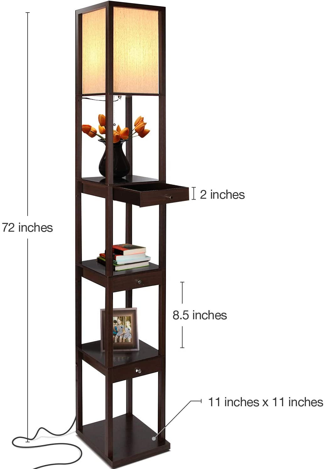 Brightech Maxwell Standing Tower Floor Lamp w/ Shelves and Drawers, Havana Brown