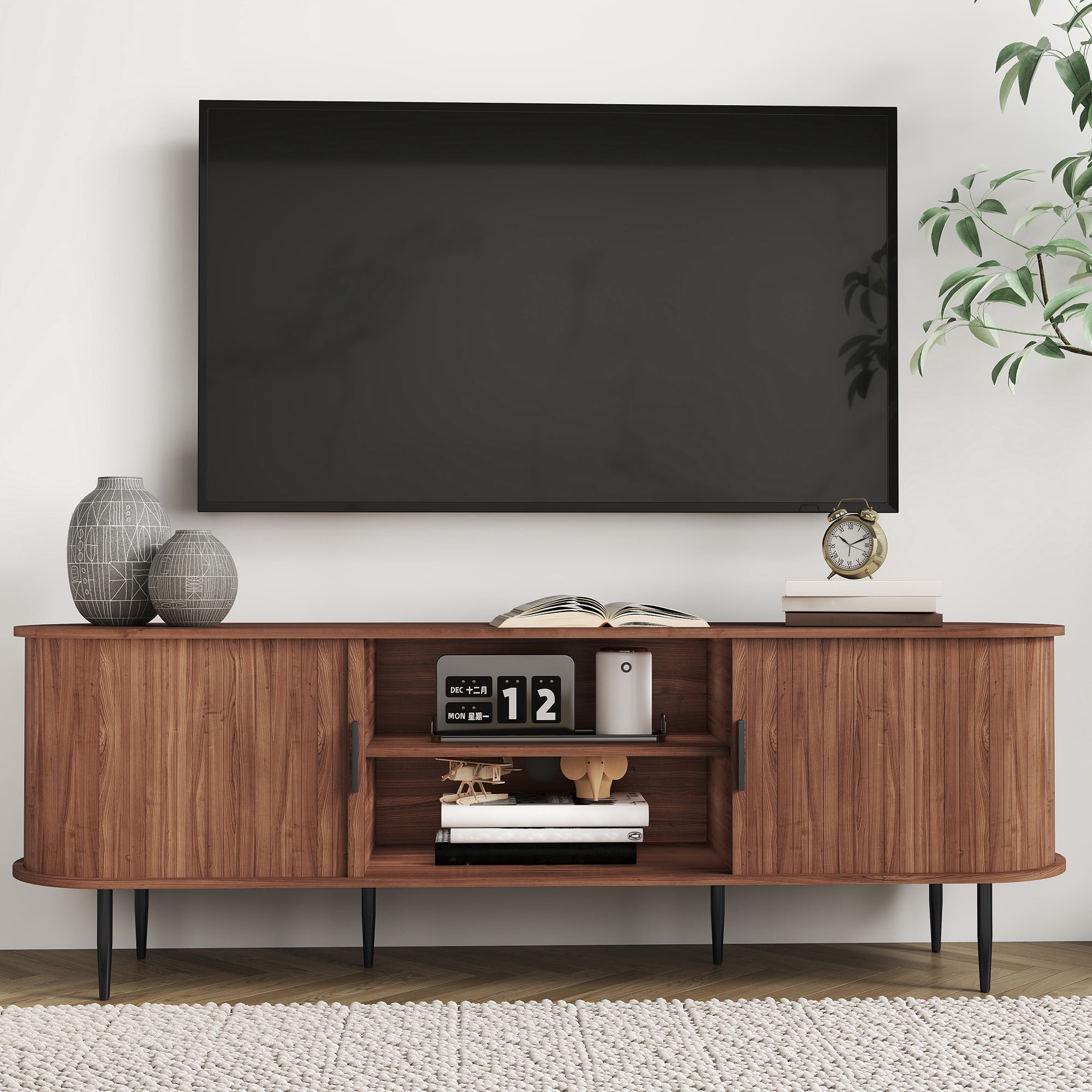 HLR 70" Mid Century TV Stand with Tambour Door for TVs up to 80", Entertainment Center with Storage, Brown