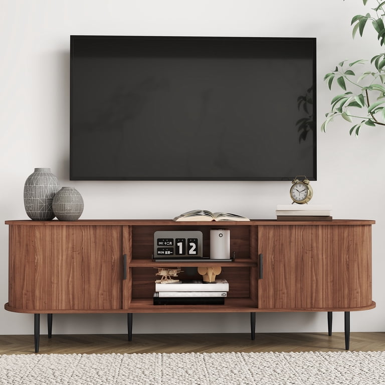 HLR Modern TV Stand with Sliding Doors, 75-Inch, Brown photo 8