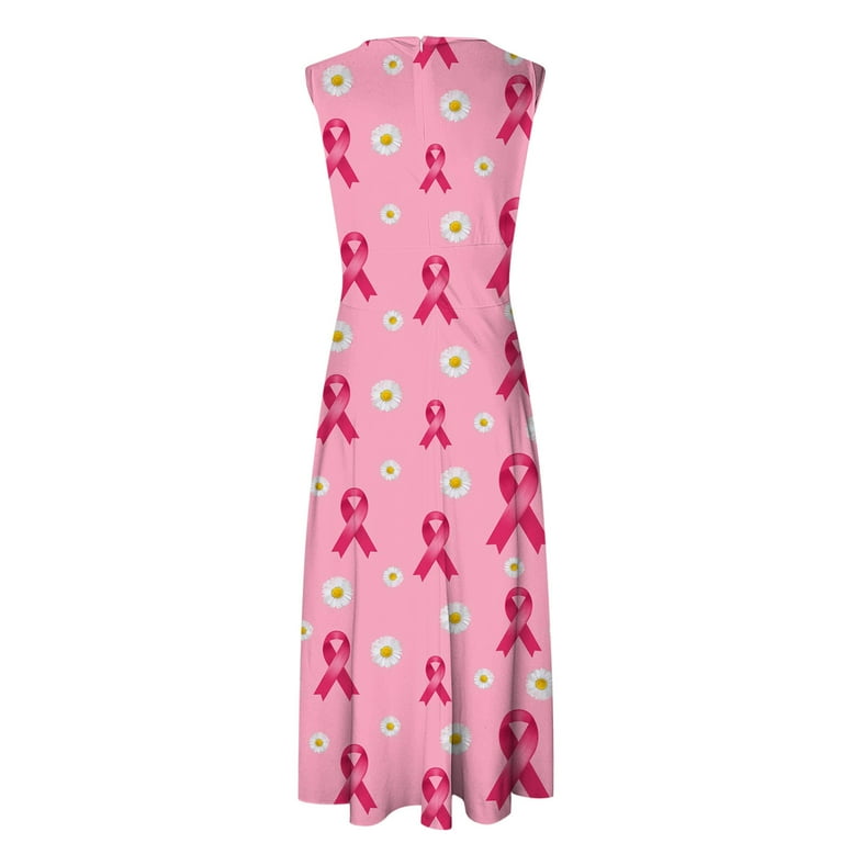 pink dress for breast cancer awareness Leesechin Breast Cancer Awareness Dresses Clearance Women's Pink Ribbon  Butterfly Print Dress Sleeveless Long Skirt