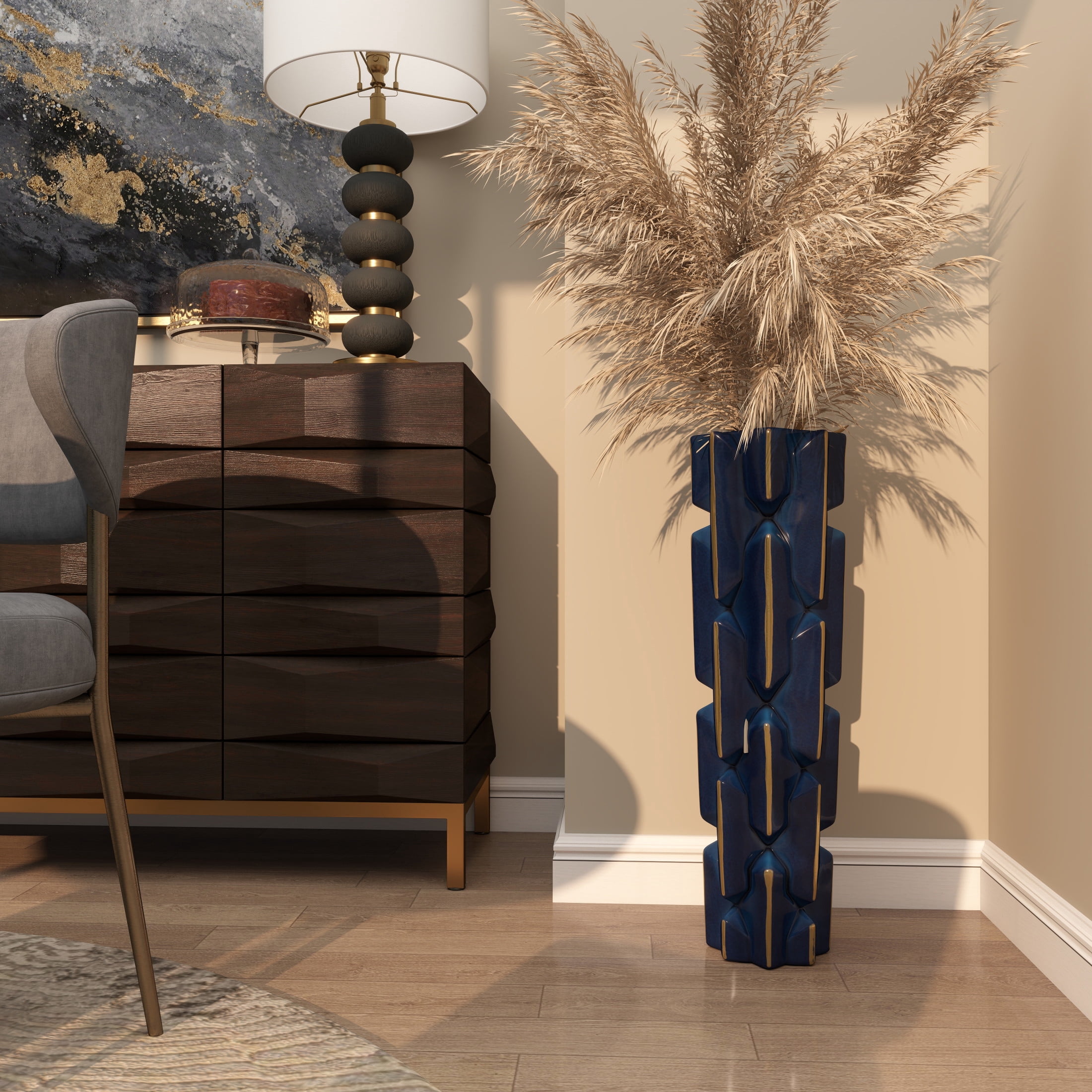 DecMode 27" Faceted Teal Ceramic Vase with Gold Accents