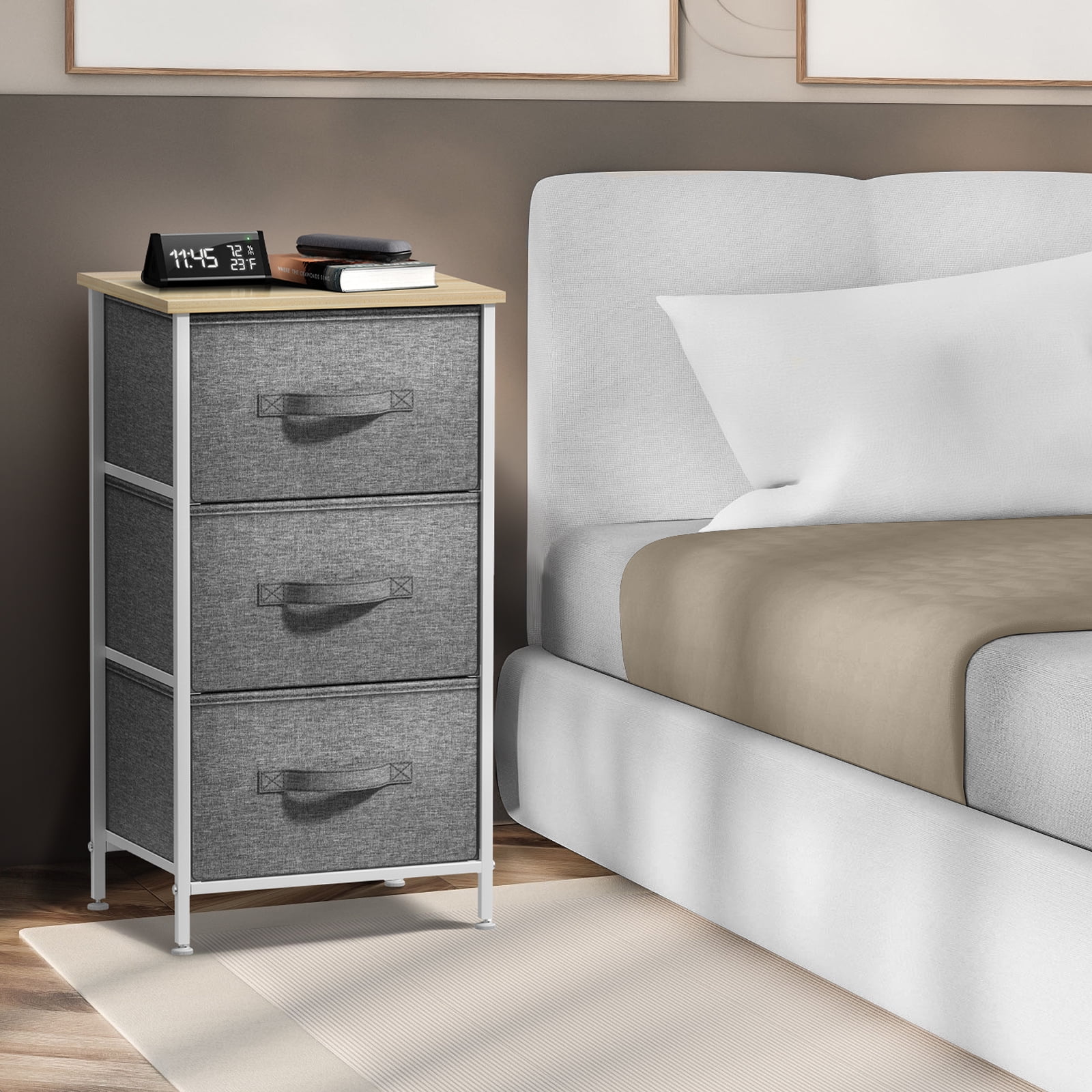 Sorbus 3-Drawer Nightstand with Steel Frame, Wood Top, Fabric Bins, Beige