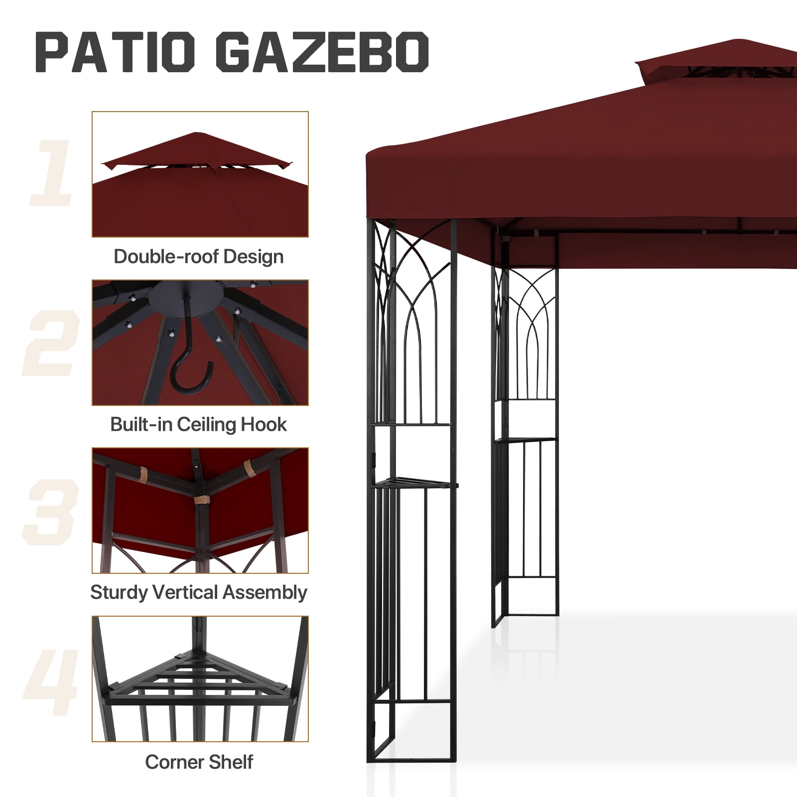 COOS BAY 8x8 Outdoor Patio Gazebo with Corner Shelves, Two-Tier Soft Top Canopy for Backyard, Lawn, Deck and Garden, Red