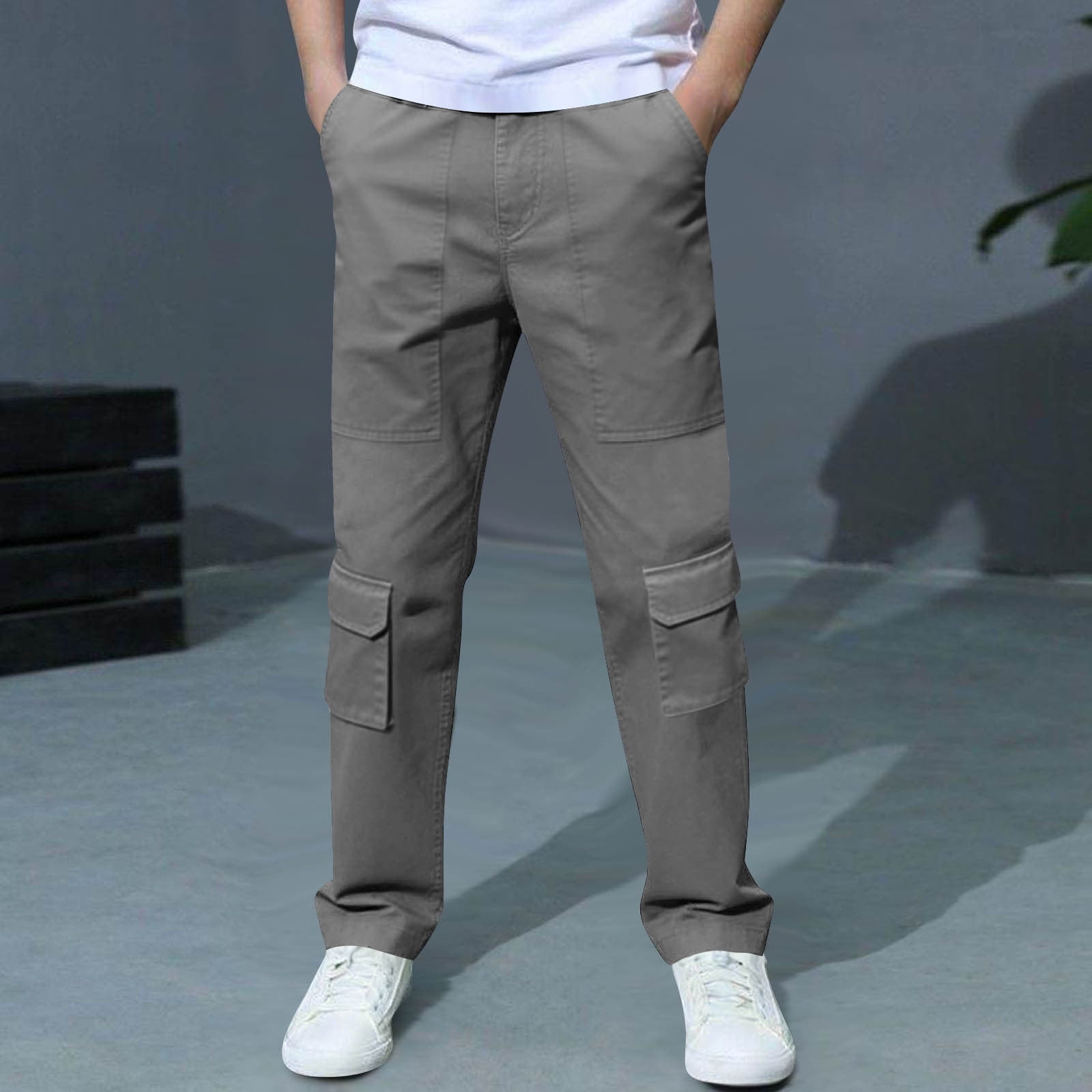 ITSAME Boys School Uniform Cargo Pants Straight Leg Slim Fit Elastic Waist Kids Fashion Casual Pants Gray 12-14T
