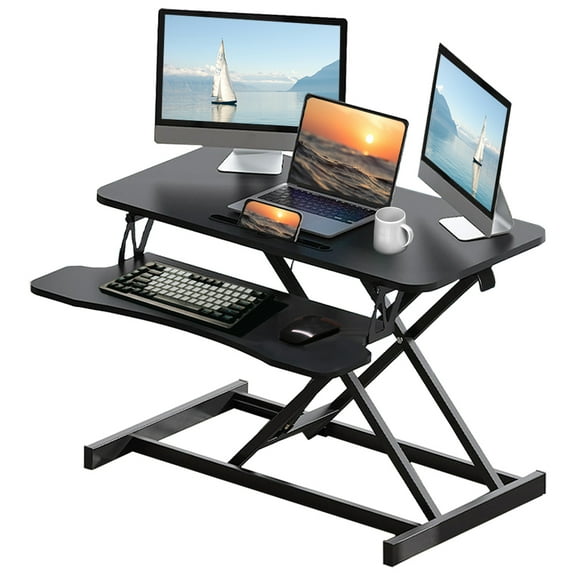 32" Standing Desk Converter with Height Adjustable and Gap Spring, Stand Up Desk Riser with Wide Keyboard Tray, Dual Monitor and Laptop Workstation for Home, Office, Black