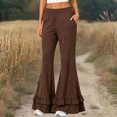 thumbnail image 2 of Women's High Waist Double Tier Ruffle Hem Flare Pants, Soft Bell Bottom Trousers with Pockets, Stretchy Casual Wide Leg Lounge Pants for Daily Wear Brown XXL, 2 of 4